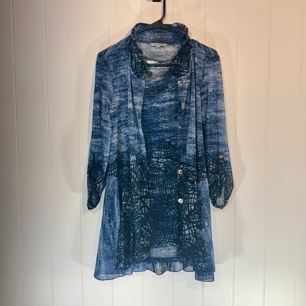 John Mark 2 Piece Set Blue Abstract Mesh Tunic and Tank Top Medium
